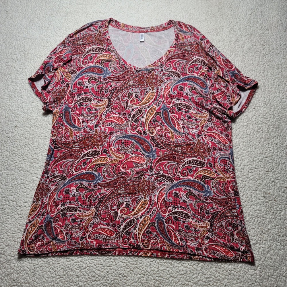 Kuotai Womens XXL Red Paisley V-Neck Short Tulip Sleeve Knit Top Shirt